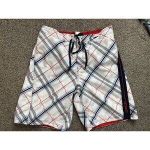 Speedo Swim Trunks White Red Blue Plaid Board Shorts Beach Summer Men's Size L